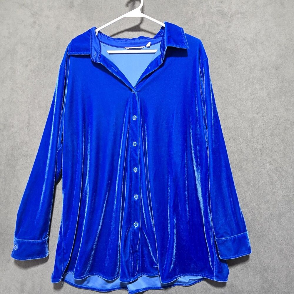 Soft Surroundings Teal‎ Blue Velvet Boyfriend Button Up Tunic Shirt 1x